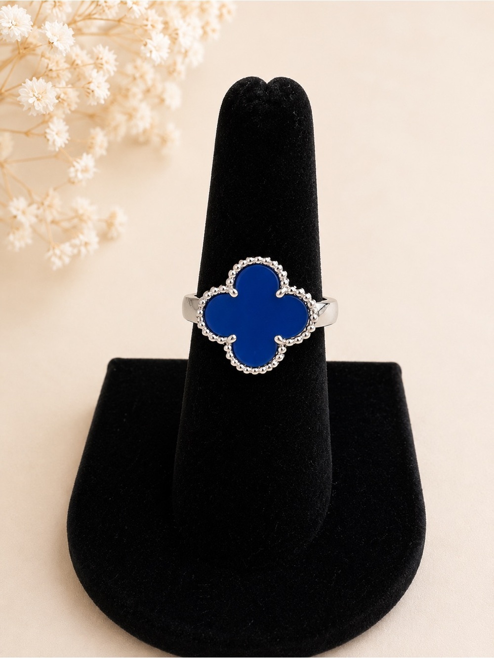 Silver & Royal Blue Clover Statement Ring | Size 7